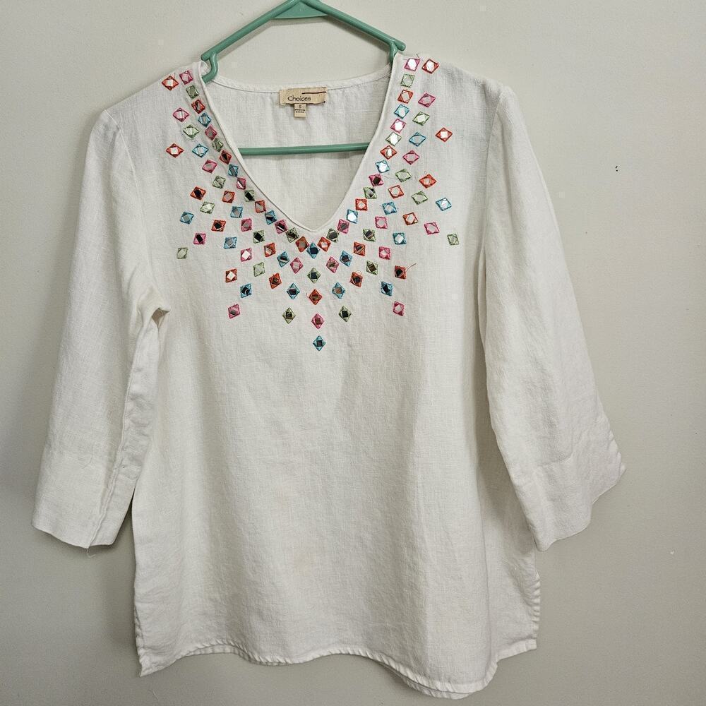 Vtg Choices White Tunic Blouse Top Multicolor Embroidered Reflective Accents Sm